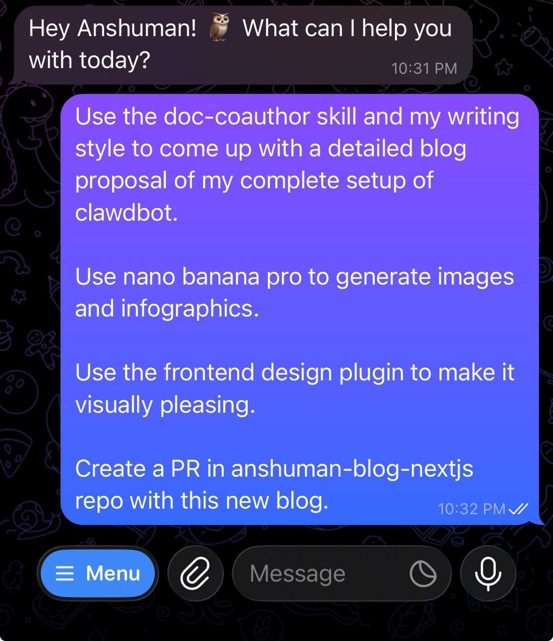 The initial prompt in Telegram
